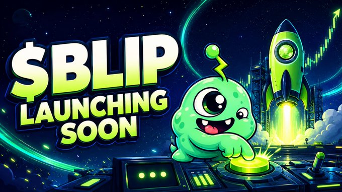 A vibrant promotional graphic announcing "$BLIP Launching Soon" with a cute green alien mascot pressing a launch button, alongside a rocket blasting off beside an ascending green chart—visualizing the post's message that the $BLIP token is about to debut on the launchpad, ready to "eat the dip."
