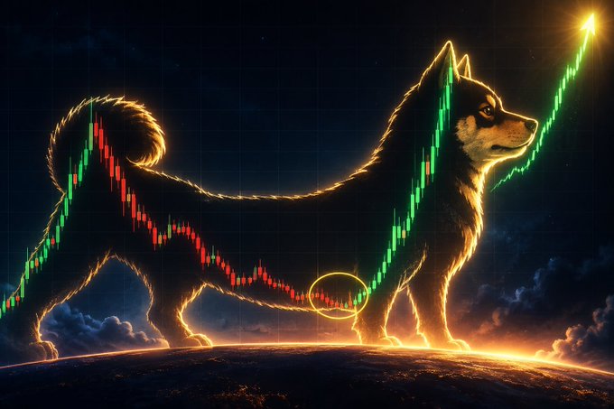 A glowing Shiba Inu outlined with green and red candlestick patterns stands triumphantly on a horizon, symbolizing a breakout from prolonged accumulation. The image visually reinforces the post's bullish message that $MANYU is forming a strong base, with the highlighted circle on the dog's belly marking a potential bottom before the next major upward move.