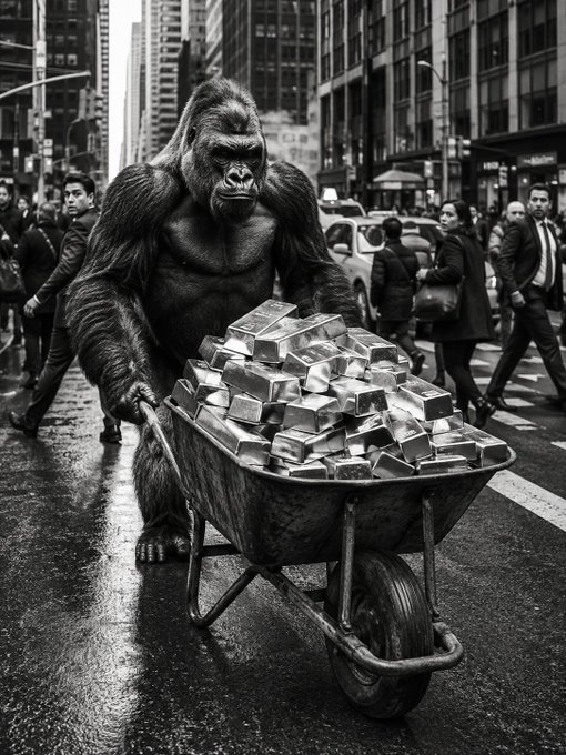 A black and white image shows a large gorilla pushing a wheelbarrow full of gold bars through a busy city street.