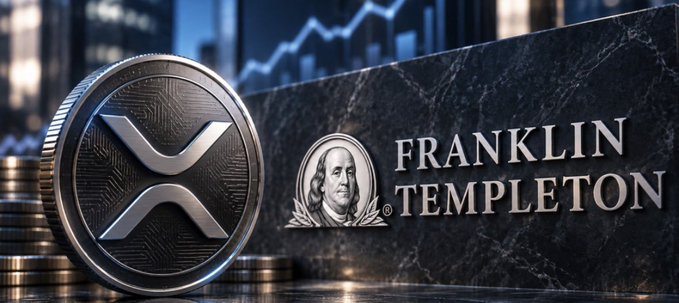 A Franklin Templeton promotional image shows a large silver coin with an “X” symbol, a portrait emblem, and the text “FRANKLIN TEMPLETON.”
