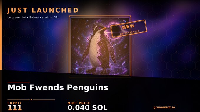 The image features a poster for a new collection of penguins, which has been just launched by the creator of GraveMint. The poster includes an illustration of a penguin along with text that announces the launch of this new collection. The penguin is depicted in purple and black colors against a dark background, making it stand out prominently on the poster. The post also mentions that the collection was dropped on gravemint.io/mint/wfeeby?x=solana #NFT #Web3 #Solana, which indicates that this new collection has been made available for sale on thegravemint.io marketplace.