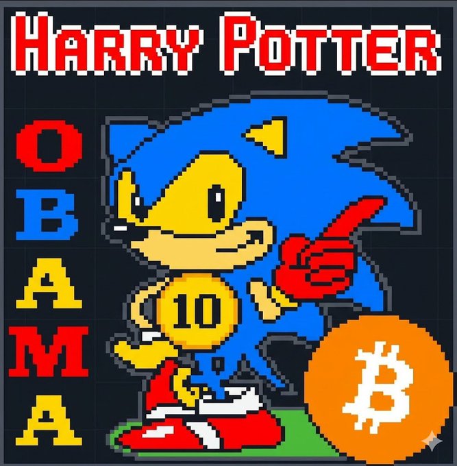 Pixel art image titled 'Harry Potter OBAMA' featuring a Sonic the Hedgehog-like blue character holding a '10' coin next to a Bitcoin logo.