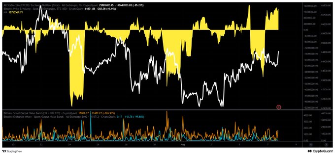 A cryptocurrency trading chart on TradingView shows price movements with yellow fill areas, alongside Bitcoin Exchange Inflow and Outflow metrics.