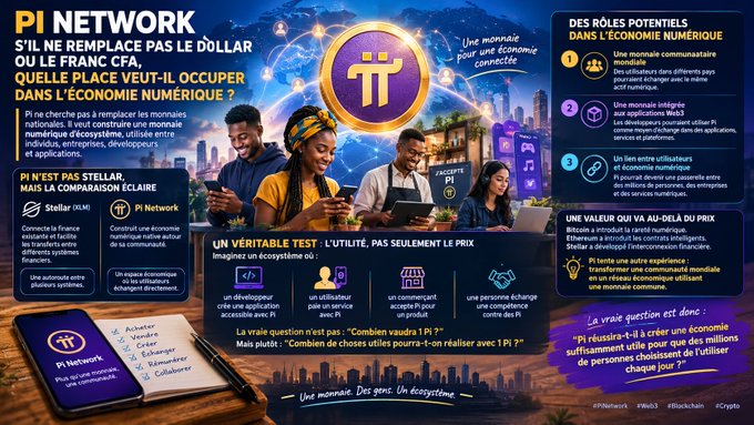 A promotional infographic in French for "PI Network" advertises a digital currency ecosystem, highlighting roles like investor, seller, and collaborator.
