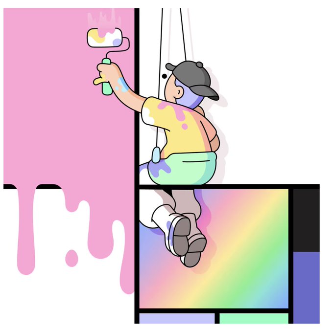 The image features a cartoon illustration of a man painting a wall with a roller brush, wearing a hat for head protection while he works. The background shows a rainbow-colored wall that adds a vibrant touch to the scene. The caption "Another one @doodles x mondrian" suggests that this artwork is inspired by the artist's style or the concept of multiple artists collaborating on a project.