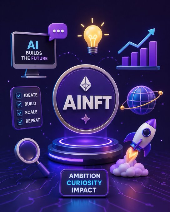 A vibrant purple-themed promotional graphic for AINFT features a central badge with the Ethereum logo and "AINFT" text, surrounded by icons including a monitor reading "AI BUILDS THE FUTURE," a glowing lightbulb, a rising bar chart with an upward arrow, a checklist (Ideate, Build, Scale, Repeat), a globe, a launching rocket, and a magnifying glass, with "AMBITION CURIOSITY IMPACT" displayed at the base—visually reinforcing the post's message of scalable, pay-per-prompt AI access through micro-payments.