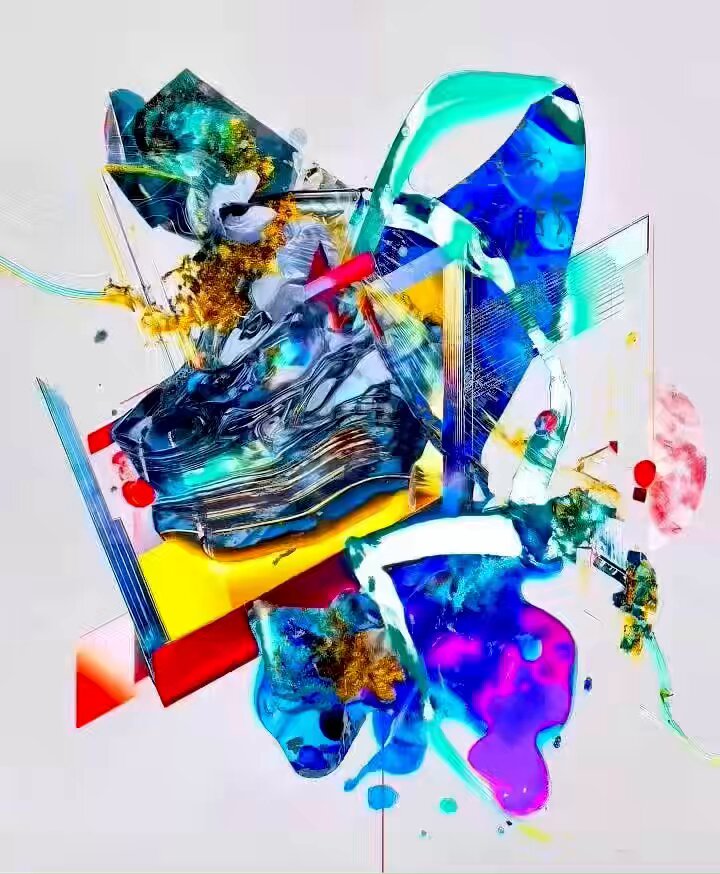 The image features a colorful abstract art piece with blue, green, red, yellow, and orange colors. It appears to be a collage or mixed media artwork that has been cut up into various shapes and sizes. The painting is displayed on a white background, which highlights its vibrant colors and intricate details. The post in question seems to be about the artist's work, possibly discussing their creative process or the inspiration behind the piece.