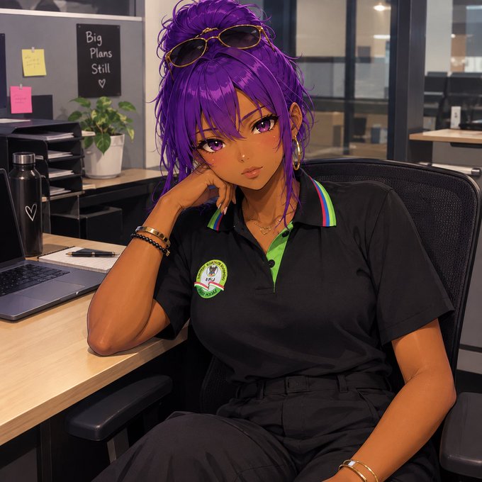 An anime-style illustration of a woman with vibrant purple hair in a messy bun, wearing sunglasses and a black polo shirt with neon green accents, seated at an office desk with a laptop and a sign reading 'Big Plans Still ♡'.