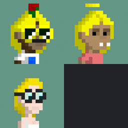 A pixel art sprite sheet shows three character variations with blonde hair and sunglasses, including versions with a red apple and a yellow halo above their heads.