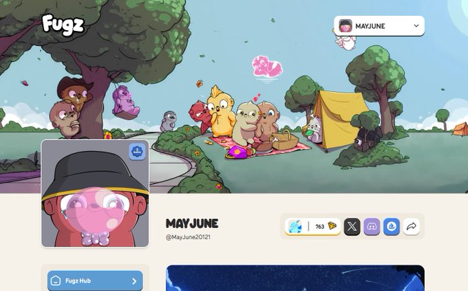 Screenshot of the 'Fugz' platform showing a user profile 'MAYJUNE' (@MayJune20121) with a cartoon avatar and colorful characters having a picnic in a park setting.