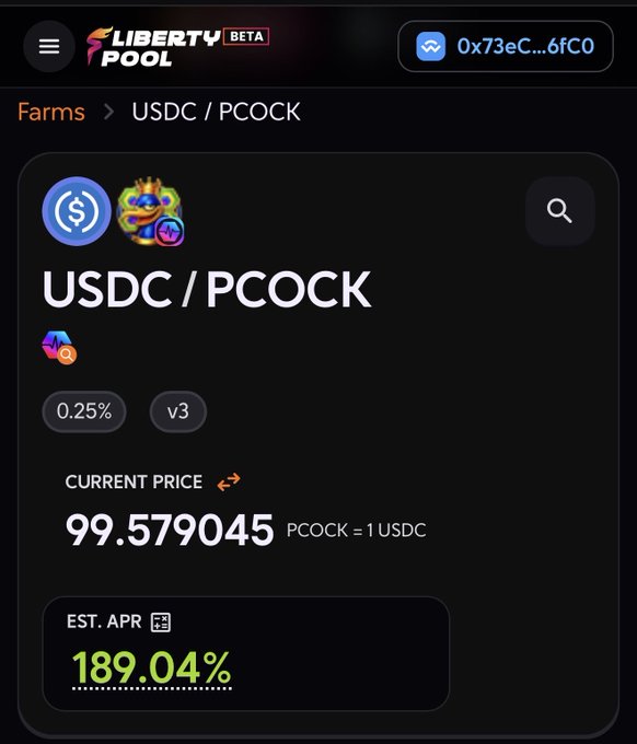 A screenshot of the LibertyPool (Beta) platform showing the USDC/PCOCK liquidity farm with a current price of 99.579045 PCOCK per 1 USDC and an estimated APR of 189.04%, highlighting the high real yield opportunity for liquidity providers at the market bottom.