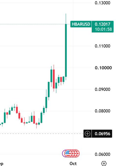 A candlestick chart showing the HBARUSD price at 0.12017 with a timestamp of 10:01:58, displaying a sharp upward spike from around 0.06956 against price levels from 0.06 to 0.13.