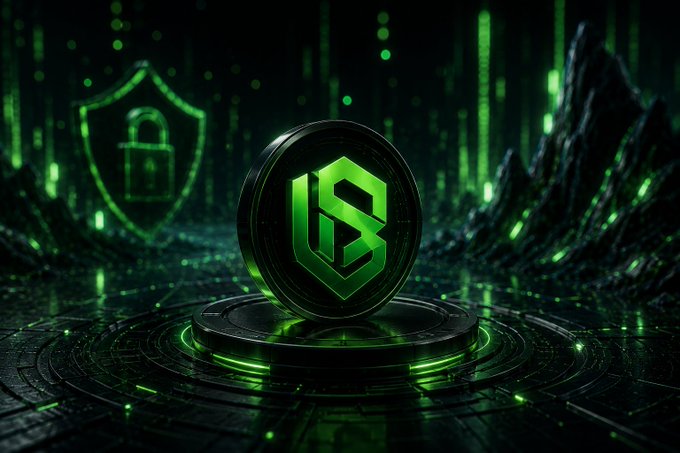 A futuristic 3D render of a dark green cryptocurrency coin on a pedestal against a glowing green digital background, with a shield-and-padlock security icon floating to the left.