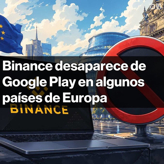 Spanish news graphic reading "Binance desaparece de Google Play en algunos países de Europa" overlaid on an EU flag, a cityscape, and a laptop showing the Binance logo next to a prohibition symbol.