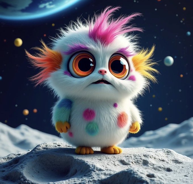 A fluffy white creature with vibrant rainbow-colored fur tufts, large orange eyes, and colorful spots stands on a gray, cratered lunar surface under a starry sky with Earth in the background. The whimsical character embodies the playful, adventurous spirit of "Moche to the moon" by depicting a colorful, otherworldly being celebrating its lunar journey.
