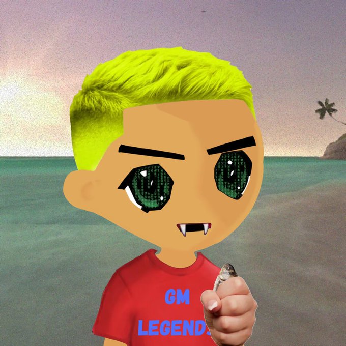 A stylized cartoon avatar with bright yellow hair, large green eyes, and a small fang smiles on a beach background, wearing a red shirt that reads "GM LEGENDS" while holding up a tiny fish. The image serves as playful promotional art for the Hood Lords NFT giveaway, representing the cartoonish character style associated with the project.