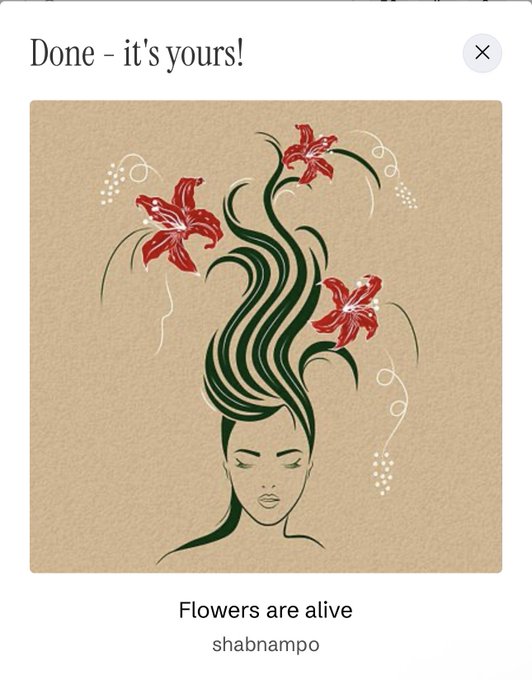 A digital art piece titled 'Flowers are alive' by shabnampo, showing a woman with green flowing hair adorned with red lilies on a tan background.