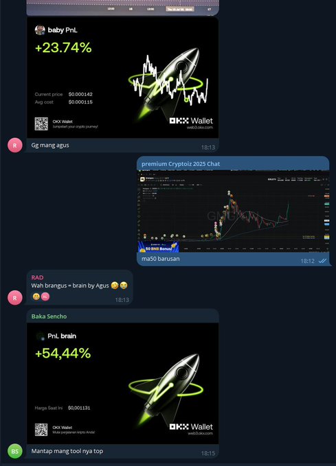 A chat interface displays cryptocurrency messages, including entries for 'baby PriL' (+23.74%) and 'PriL brain' (+54.44%) with rocket graphics and price information.