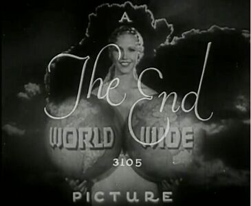 A black and white vintage logo reading 'The End WORLD WIDE 3105 PICTURE' with a smiling woman's silhouette against a cloud background.