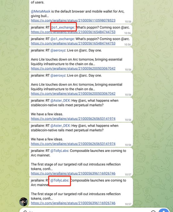 A Telegram chat screenshot displays several forwarded messages from accounts including @MetaMask, @aeroxyz, @Aster_DEX, and @TollyLabs, with the usernames "@o1_exchange" and "@TollyLabs" highlighted in red boxes, corresponding to the post noting that o1 and Tolly were mentioned.