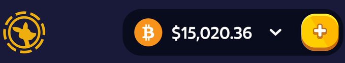A dark blue cryptocurrency interface showing a Bitcoin price of '$15,020.36' next to an orange Bitcoin logo, a yellow circular icon on the left, and a yellow '+' button on the right.