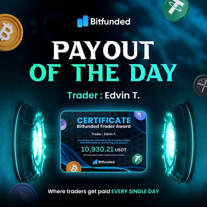A promotional graphic from Bitfunded celebrating "Payout of the Day" for Trader Edvin T., featuring a certificate awarding 10,930.21 USDT as the latest funded account payout. The post shares this visual achievement to highlight trader success and encourage others to aim for similar rewards.