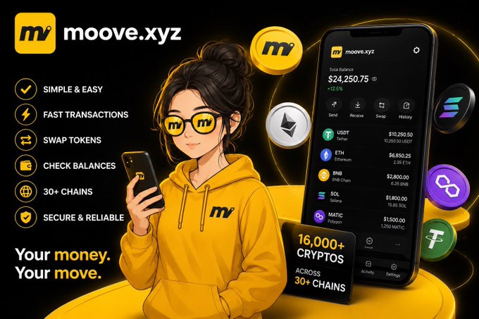 A promotional graphic for the crypto wallet app moove.xyz featuring an illustrated woman in yellow using her phone, with features listed: 'SIMPLE & EASY,' 'FAST TRANSACTIONS,' 'SWAP TOKENS,' 'CHECK BALANCES,' '30+ CHAINS,' 'SECURE & RELIABLE,' supporting 16,000+ cryptos across 30+ chains.
