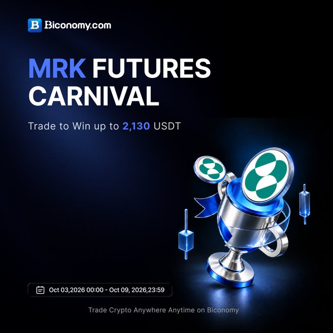 A promotional banner for Biconomy.com's "MRK FUTURES CARNIVAL" with the text "Trade to Win up to 2,130 USDT" and dates "Oct 03, 2026 00:00 - Oct 09, 2026 23:59".