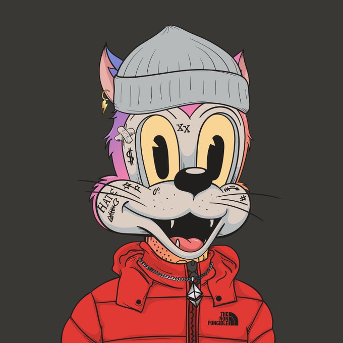 A cartoon illustration of a pink cat character wearing a gray beanie and a red The North Face jacket, featuring facial tattoos and piercings with the text 'THE FORGIBLE' on the jacket.