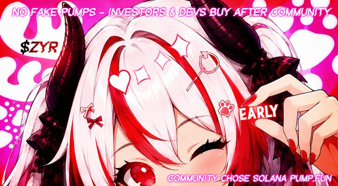 A vibrant anime-style illustration features a white and red-haired character with dark horns, styled with kawaii elements like hearts, sparkles, and paw prints against a pink polka-dot background. The image is overlaid with the ticker "$ZYR" and promotional text reading "NO FAKE PUMPS - INVESTORS & DEVS BUY AFTER COMMUNITY" and "COMMUNITY CHOSE SOLANA PUMP.FUN," with "EARLY" stamped on the character's hand—directly supporting the post's claims about community-driven, no-pressure early entry into the token.