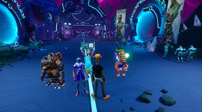 The image features four cartoon characters standing together, with one character holding a "1 ETH" sign. The other three characters are positioned around them, creating an atmosphere of camaraderie or perhaps competition. The scene takes place within a virtual world where the characters appear to be walking into another side of the screen, possibly a portal or a new area in their game. This image seems to be related to the post about NFTs and the market's dependence on one character holding a "1 ETH" sign.