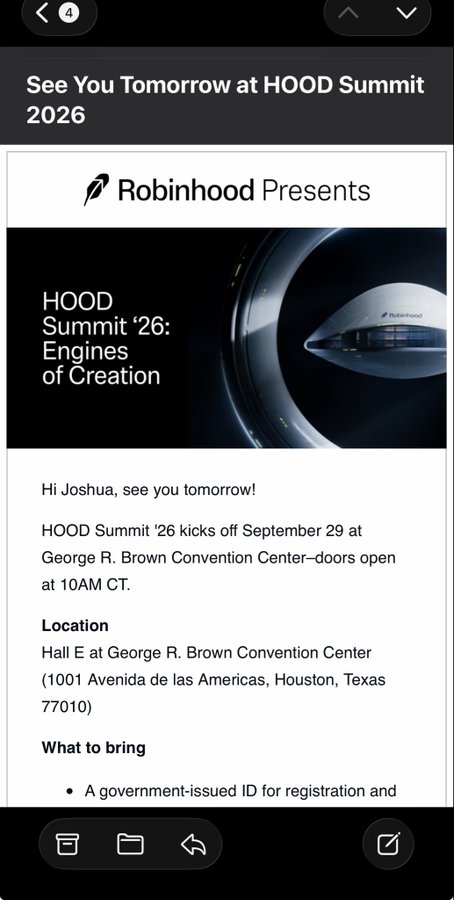 A mobile email from Robinhood confirming attendance at 'HOOD Summit 2026' for Joshua, scheduled for September 29 at George R. Brown Convention Center in Houston, Texas.