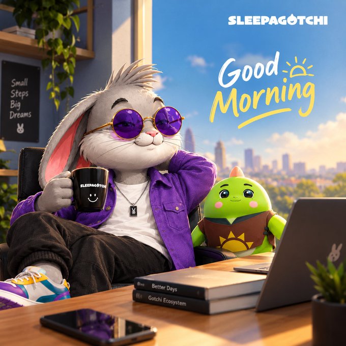A promotional 'Good Morning' image featuring a cartoon bunny character wearing purple sunglasses and a purple jacket, holding a 'SLEEPAGOTCHI' mug, with a green creature companion and a laptop displaying a Sleepagotchi logo.