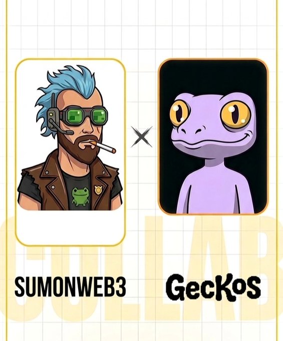 A collaboration announcement featuring "SUMONWEB3" and "Geckos" with their respective cartoon avatars—a blue-haired character with green goggles and a purple gecko—paired with text promoting a free mint of 1,111 Geckos Syndicate NFTs launching soon on Ethereum with 5 guaranteed and 20 FCFS spots.