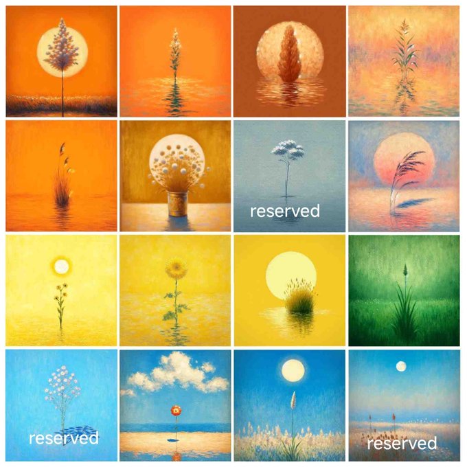 A grid of 16 serene minimalist paintings featuring solitary plants, flowers, or celestial bodies against vibrant monochromatic backgrounds (orange, blue, yellow, green), with four panels marked "reserved," promoting a Tezos-based NFT collection called "Solitary Blooms" launching on 30th June at 9am EAT with 13 pieces available at 70 tezos each (90 to reserve).
