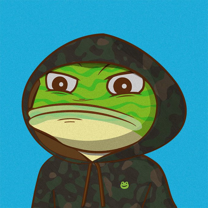 A cartoon Pepe the Frog wearing a camouflage hoodie with a small frog logo on the chest, set against a bright blue background. The "Gm Vinny" greeting pairs with the image as a cheerful morning send-off featuring the popular meme character in streetwear style.