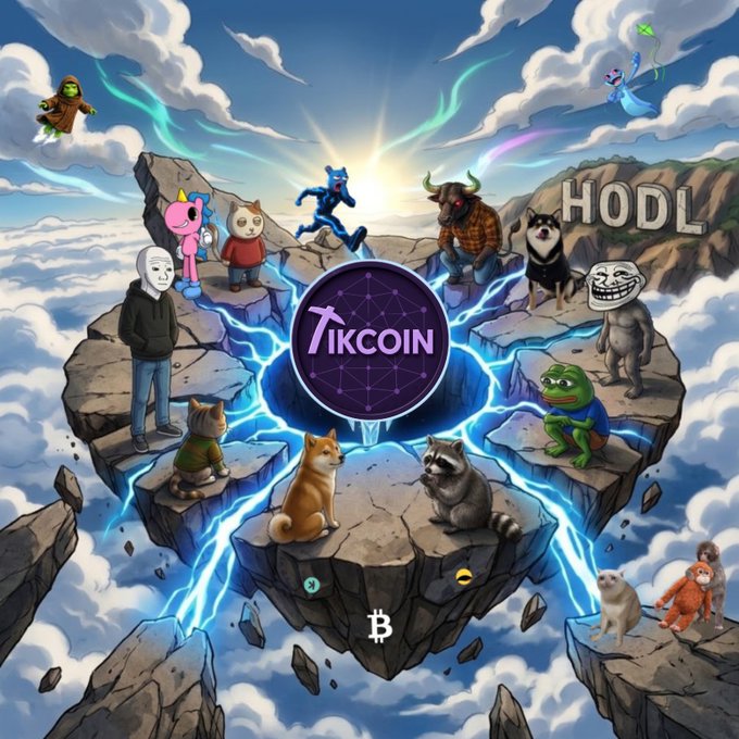 A vibrant, surreal illustration showcases the TikCoin logo at its glowing center, surrounded by floating islands and an array of crypto meme characters—including Doge cats, Pepe the Frog, Wojak, and a Minotaur—all gathered in a heavenly cloudscape with the text "HODL" displayed in the background, visually promoting TikCoin as a promising new bull market leader.