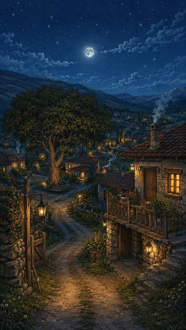 A moonlit fantasy village scene featuring stone cottages with lit windows, a large tree, lantern-lit pathways, and distant mountains under a starry sky.