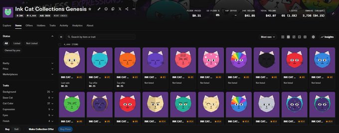 A 'Discover' page from 'Ink Cat Collections Genesis' showcasing a grid of various colorful pixel-art cat NFT listings.