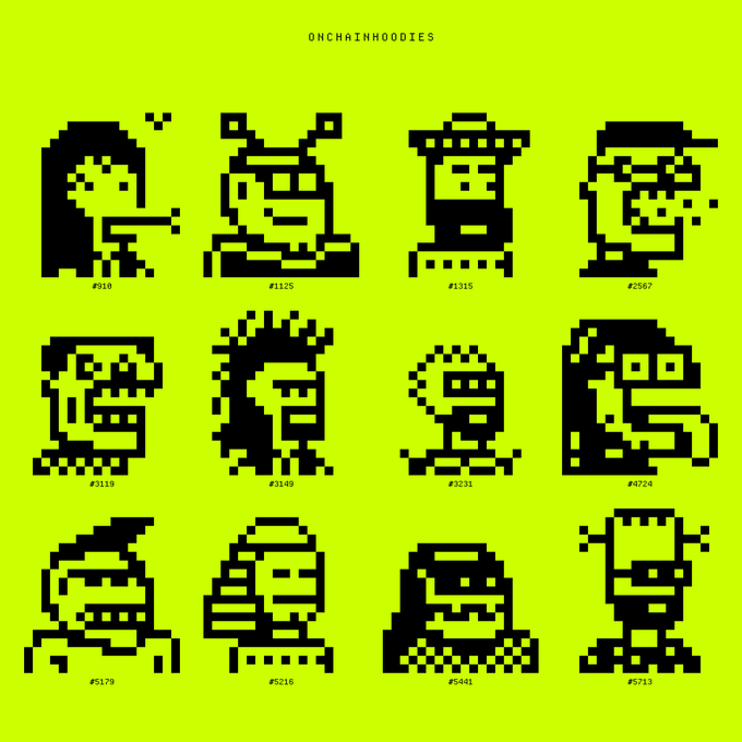 A neon yellow graphic titled 'ONCHAINHOODIES' displaying a 4x3 grid of 12 pixel-art hooded character icons, each labeled with a number (e.g., #910, #1125, #1315, #2567).