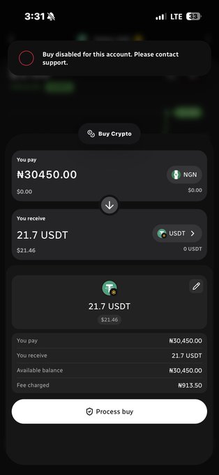 A mobile app screenshot showing a crypto purchase interface attempting to buy 21.7 USDT for ₦30,450.00 NGN, with an error message stating 'Buy disabled for this account. Please contact support.'