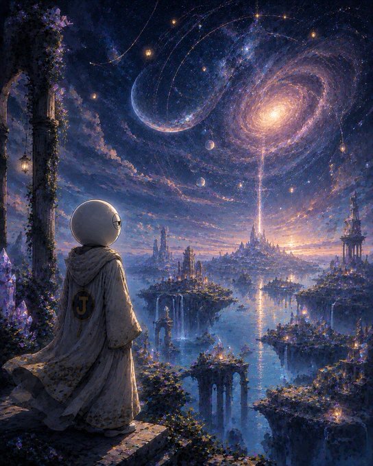 A fantasy painting of a small figure in a white cloak looking out over a glowing city and floating islands, beneath a swirling galaxy and starry sky.