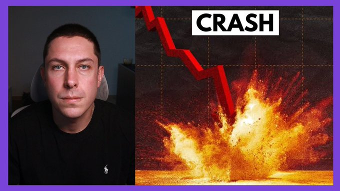A man sits beside a graphic depicting a downward red arrow with the word "CRASH" above a fiery explosion, visually reinforcing the post's warning about an imminent traditional market collapse.