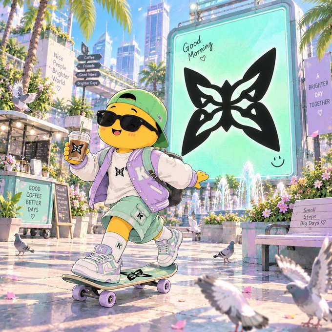 Vibrant digital illustration of a cute yellow character with sunglasses riding a skateboard while holding coffee, in a sunny urban plaza with butterflies, pigeons, and motivational signs reading 'Good Morning,' 'A Brighter Day Together,' and 'Small Steps Big Days.'