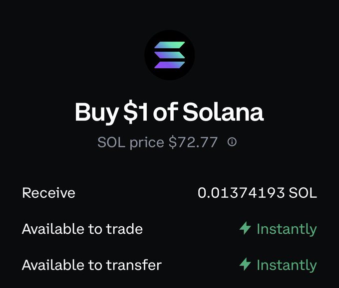The image shows a black background with white text that reads "Buy $1 of Solana", followed by a price of $77.47, and two options for receiving payment - either instantly or after 24 hours. The text also mentions that the payment is available to transfer.