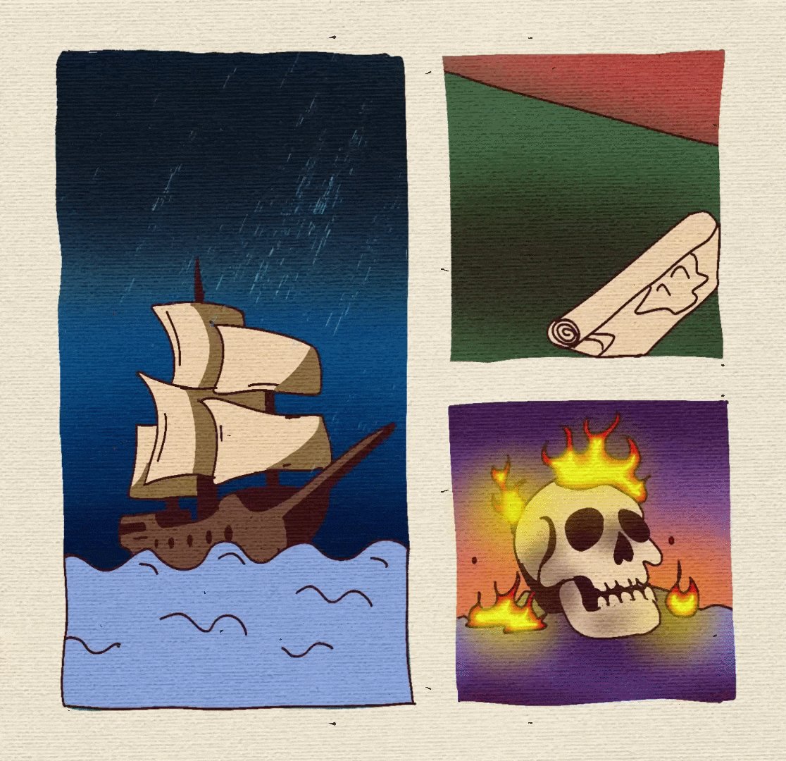 The image features a cartoon illustration of a ship sailing through rough waters, with a fire burning on top of the ship's deck. The ship has sails that are blowing in the wind, indicating that they are navigating through stormy seas. Below the ship, there is a skull and crossbones symbol, which could be interpreted as a warning or a message related to the ship's journey. In addition, there is a postcard with a message written on it, suggesting that someone has sent this illustration along with the postcard for others to enjoy.