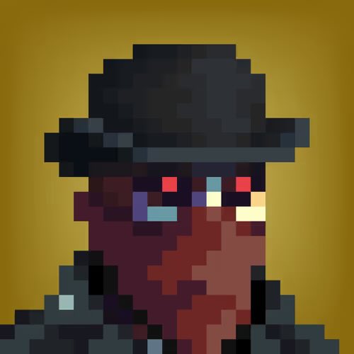 A pixel art character wearing a dark wide-brimmed hat against a mustard yellow background, with red glowing eyes visible beneath the hat brim.