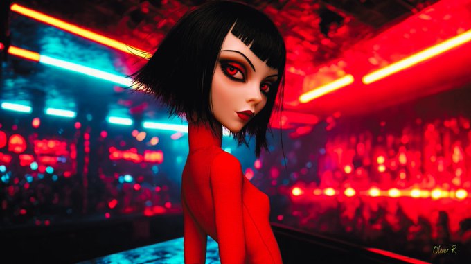 A stylized 3D-rendered female character with a black bob haircut and red eyes wearing a red outfit, set against a vibrant neon-lit background.