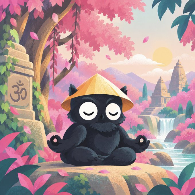 An illustration of a cute black owl-like creature wearing a yellow conical hat, meditating in a meditation pose among pink blossoms and ancient temples.