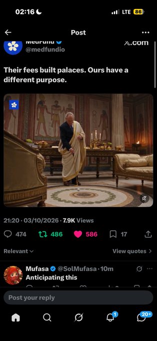 A Twitter post by MedFund (@medfundio) stating "Their fees built palaces. Ours have a different purpose." featuring an image of a man in a white robe standing in an ornate room.